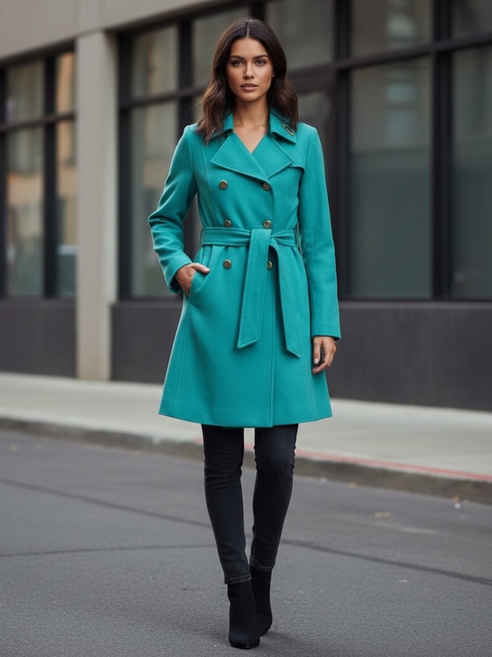 Elegant Green Double-Breasted Women's Coat